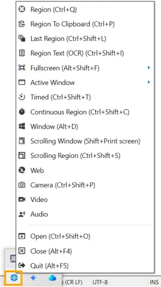 Full list of capture modes available from the tray menu