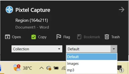 Selecting a subcategory for a captured screenshot