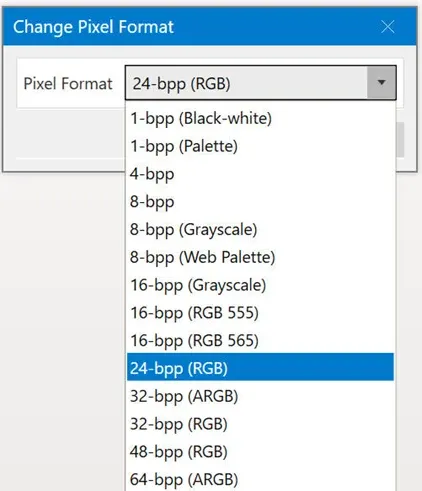 Change Format dialog showing pixel format options