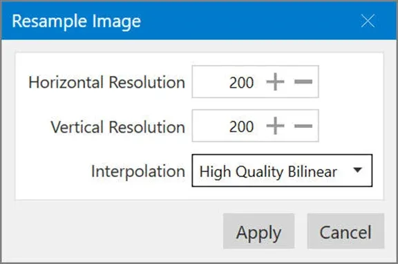 Resample Image dialog with resolution and interpolation settings