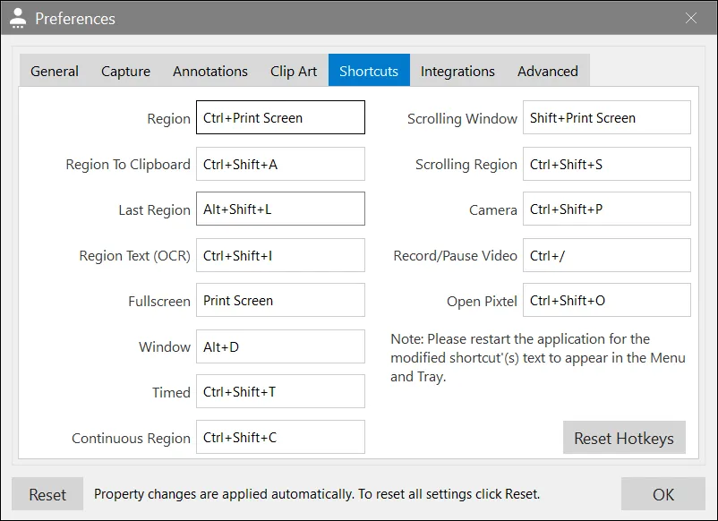 Pixtel User Preferences Shortcuts panel