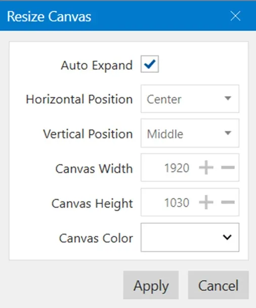 Resize Canvas feature options in Pixtel