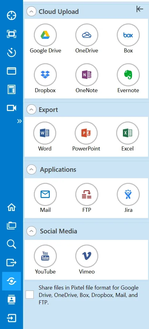 Pixtel Share options panel