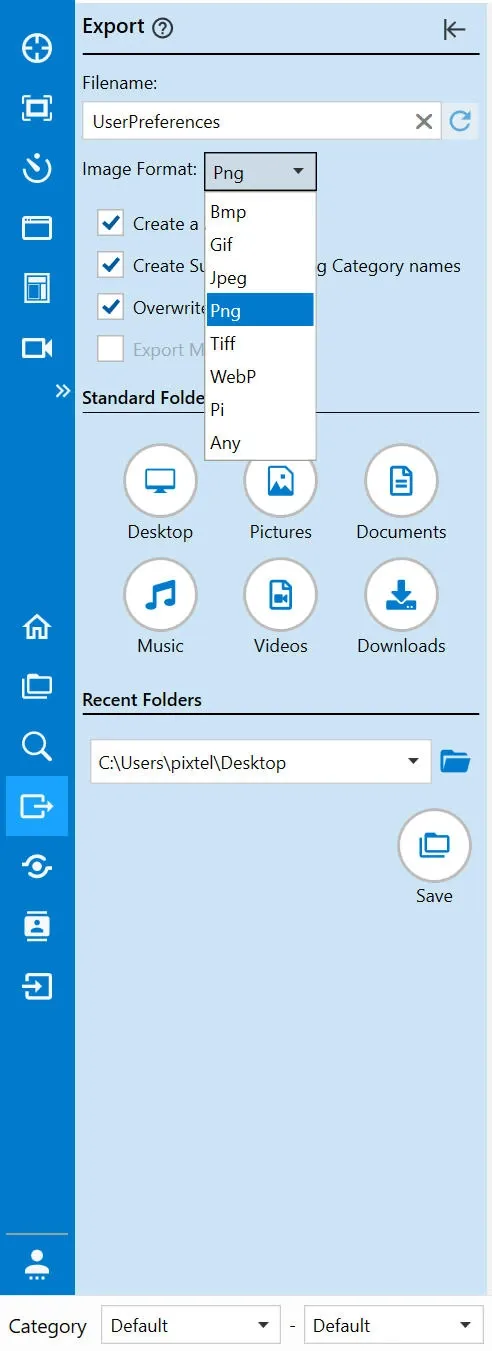 Pixtel Save and Export options