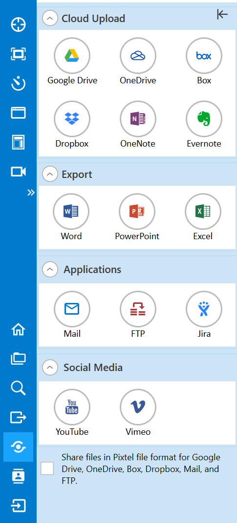 Sharing Cloud, Google, Jira, Box, DropBox, OneNote, Evernote, Mail, FTP